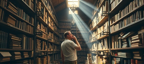 observer creation, thoughtful expression, analyzing, photorealistic, library filled with ancient books and artifacts, highly detailed, floating dust particles and light beams, camera: f/1.4 aperture, warm earthy tones, gentle dappled lighting, shot with a 35mm lens.