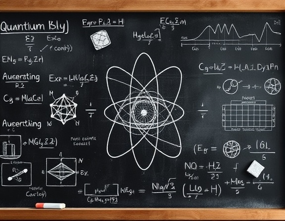 intricate quantum mechanics diagram, analytical and complex, explaining theories, photorealistic, against a chalkboard filled with equations and sketches, highly detailed, chalk dust particles and erasers, technical details, monochrome with subtle chalk colors, shadowed lighting, shot with a prime lens.