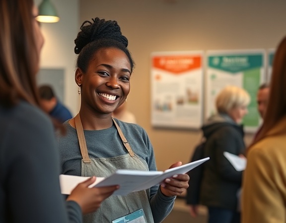 dedicated engagement volunteer, person beaming, assisting others, photorealistic, in a community center with informational posters, highly detailed, hands distributing materials, depth of field, warm tones, soft indoor lighting, shot with a 50mm lens.