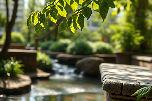 insightful Philosophical Perspective, curious expression, exploring new ideas, photorealistic, in a serene garden with a stone bench and flowing stream, highly detailed, leaves rustling gently, vivid greens, dappled sunlight, shot with a macro lens