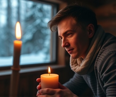 calm coherence focus, introspective, gazing into a candle flame, photorealistic, in a cozy cabin with wooden interior and snow outside, highly detailed, flickering shadows, warm ambient glow, candlelit, shot with a macro lens