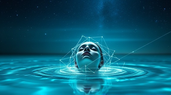 quantum consciousness awakening, serene expression, enveloped in a web of light, photorealistic, set in a serene infinity pool under a starry sky reflecting cosmos, highly detailed, gentle ripple of energy waves, deep focus quality, cool teal and silver tones, ambient starlight illumination, shot with a 70mm macro lens