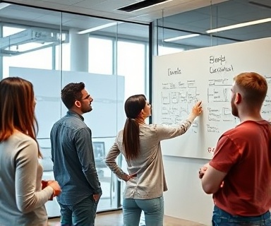 innovative engagement project, team focused, brainstorming ideas, photorealistic, in a modern office with glass walls and whiteboards covered in notes, highly detailed, people pointing and discussing, sharp focus, neutral colors, natural light streaming in, shot with a 24mm lens.