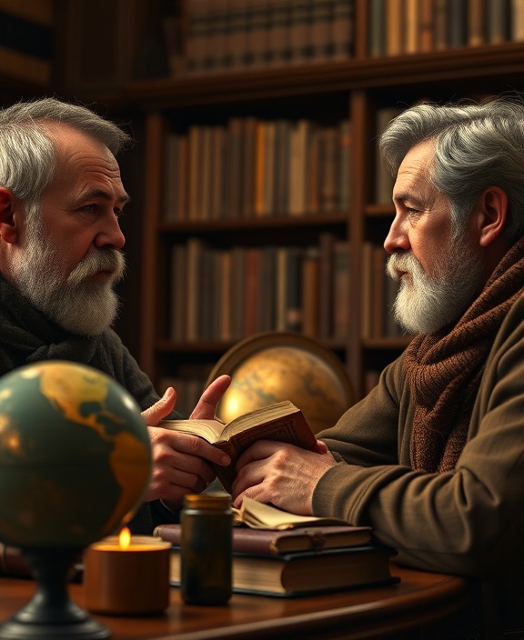 philosophy ethics discussion, thoughtful, engaging in debate, photorealistic, academic setting with leather-bound books and globe, highly detailed, animated facial expressions, crisp focus, rich earthy tones, candlelight warmth, shot with an 85mm lens