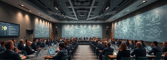 enigmatic quantum theory, expressing uncertainty, in perpetual motion, photorealistic, illustrated inside an advanced lecture hall with symposia attendees and scribblings on transparent boards, highly detailed, theoretical constructs and thought waves enveloping the scene, hyper-realistic colors, monochromatic contrasts, overhead lighting, shot with an ultra-wide lens.