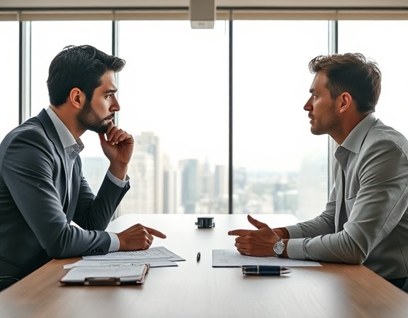 contrasting Philosophical Contrast, contemplative expression, comparing differing viewpoints, photorealistic, in a minimalist conference room with large windows showing a city skyline, highly detailed, papers and pens scattered on the table, high dynamic range, neutral tones, natural lighting, shot with an 85mm lens