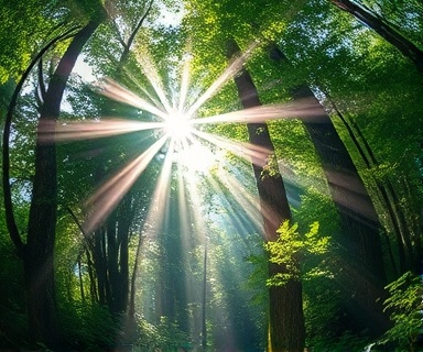 relaxed coherence breathing, harmonious, drawing in fresh air, photorealistic, in a lush forest with sun rays piercing through foliage, highly detailed, mist rising around, vibrant greens, dappled sunlight, shot with a fisheye lens