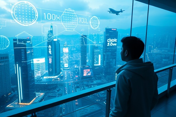 vision future concept, visionary, gazing into a holographic display, photorealistic, futuristic cityscape viewed from a high-rise balcony, highly detailed, flying cars and digital billboards, 8K detail, metallic blue hue, neon light, shot with a wide-angle lens