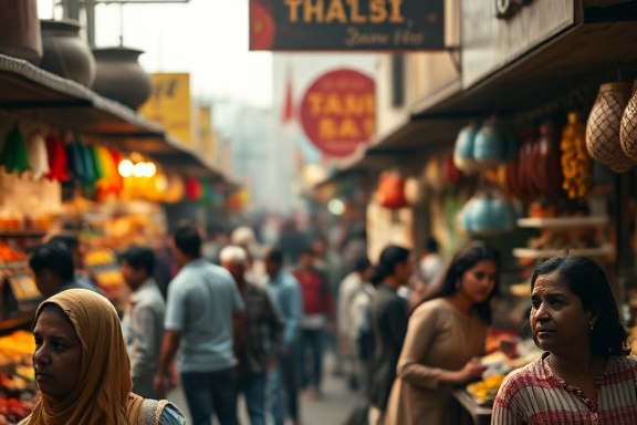 reality perception, inquisitive expression, perceiving, photorealistic, bustling market with vibrant stalls and people, highly detailed, animated conversations and smells of spices, camera: 1/125 shutter speed, rich variegated hues, warm diffused lighting, shot with a 85mm lens.