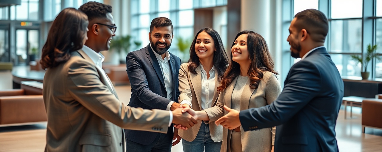 successful engagement collaboration, diverse group connecting, shaking hands, photorealistic, in a corporate lobby with sleek furniture, highly detailed, capturing the moment with smiles and eye contact, crisp details, cool tones, ambient daylight filtering through windows, shot with a 70-200mm lens.