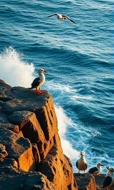 focused coherence mindfulness, concentrated, engaging with nature, photorealistic, on a rocky cliff by the sea with waves crashing, highly detailed, seabirds in flight, dynamic motion blur, cool tones, golden hour lighting, shot with a zoom lens