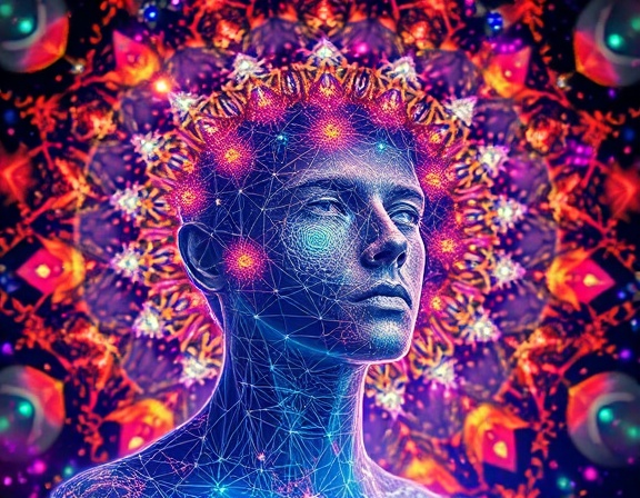 conceptual quantum consciousness, enlightened expression, emitting radiant energy, photorealistic, surrounded by a fractal kaleidoscope of patterns and energies, highly detailed, dynamic pulsations of thought energy, vivid pixel density, prismatic spectrum colors, radiant glow throughout, shot with a 85mm lens