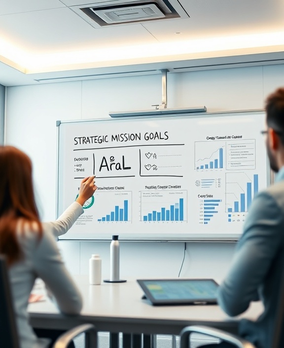 strategic mission goals planning, purpose-driven, illustrating on a whiteboard, photorealistic, modern conference room with digital interface, highly detailed, charts and graphs displayed, ultra-clear, silver and blue tones, fluorescent ceiling lights, shot with a 24-70mm zoom lens