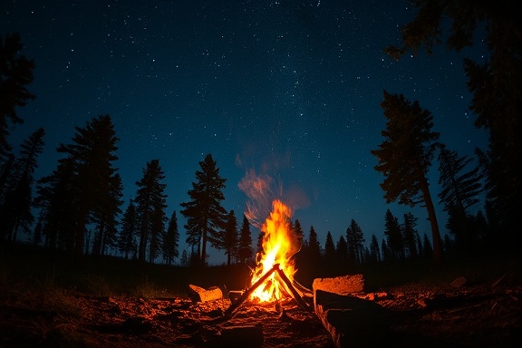 enlightening Philosophical Insight, inspired expression, reflecting on profound questions, photorealistic, under a starry night sky with a campfire in a forest glade, highly detailed, fire crackling and casting shadows, deep blues and warm oranges, low lighting, shot with a wide-angle lens