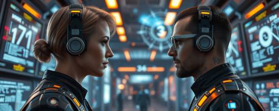 futuristic contact communication, focused, exchanging thoughts through holograms, photorealistic, inside a high-tech hub with digital screens and floating data, highly detailed, ethereal particles swirling, crisp metallic tones, cool ambient glow from neon lights, shot with an ultra-wide 24mm lens.